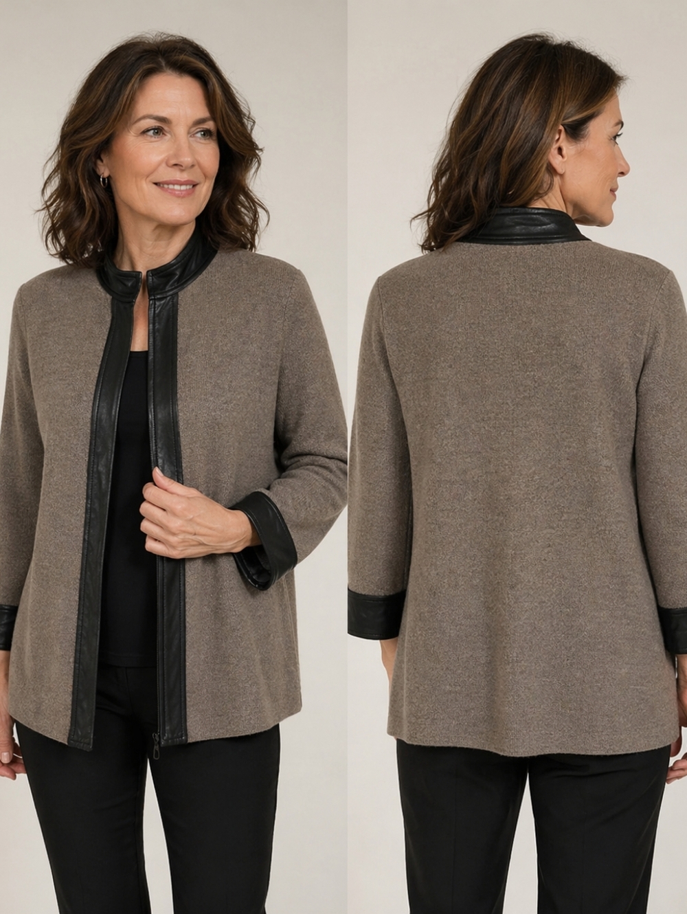 Doncaster 100% Wool Sweater Leather Trim 3/4 sleeve taupe Zipper Cardigan jacket